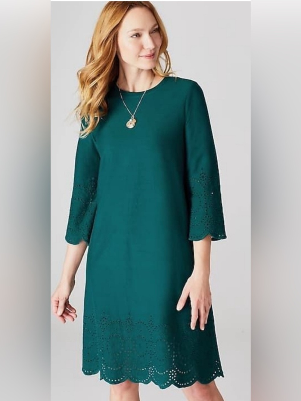 J.Jill Dress Women’s L 100% Cotton Crochet 3/4 Sleeve Teal Blue Cut Out Beach
